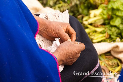 Blue skirts, thin hand-woven ponchos and a bowler hat, Guambiano Indigenous Market, Silvia, near Popayan, Cauca, Colombia, South America