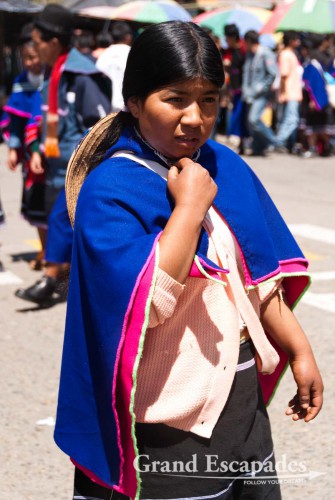 Blue skirts, thin hand-woven ponchos and a bowler hat, Guambiano Indigenous Market, Silvia, near Popayan, Cauca, Colombia, South America