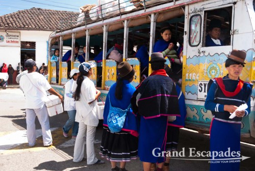 Colourful Chiva buses, old dodge buses, always completely full, Guambiano Indigenous Market, Silvia, near Popayan, Cauca, Colombia