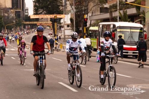 Every Sunday and Holiday, 122 kilometers of Bogota?s busy streets are closed for traffic and people on bikes, skateboards, rollerblades or others simply walking or pushing a pram take over.