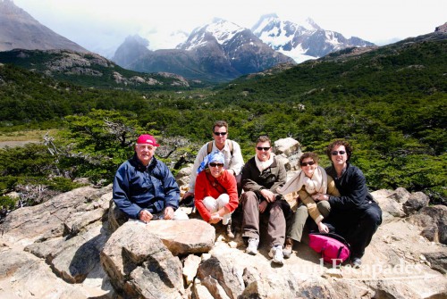 Gilles and his two brothers Joel and Guy, together with Alain, Gilles' father, Alexandra and Heidi - In front of Cerro Fitz Roy partly covered by clouds, El Chalten, South Patagonia, Argentina