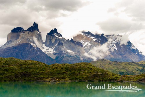 Trekking the "W" in Torres del Paine, Patagonia, Chile - Los Cuernos del Paine, view from a boat on a trip to Pehoe, Torres del Paine National Park, South Chile, South America