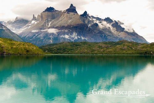Trekking the "W" in Torres del Paine, Patagonia, Chile - Los Cuernos del Paine, view from a boat on a trip to Pehoe,Torres del Paine National Park, South Chile, South America