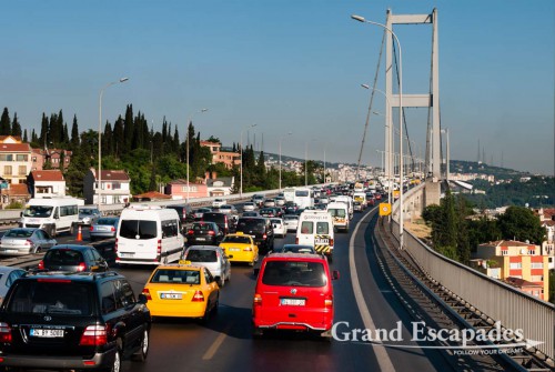 Heavy traffic jams takes on one of the roads leading to the two bridges connecting Asia and Europe, Istanbul, Turkey