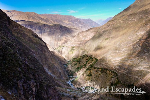 View of the Canyon de Colca (the 2nd deepest in the world at 3.179 meters) with the Rio Colca in the bottom, from the Mirador in Cabanaconde, Peru