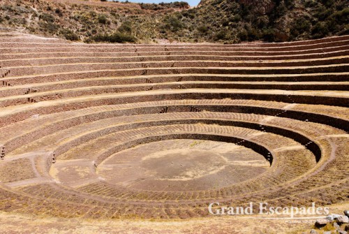 The amphitheater-like terraces of Moray may have served the Incas as a laboratory for agricultural experiments. We heard the theory that every terrace / level simulated a difference in altitude of 300 meters, enabling the Incas to test what grows best at what altitude - Near Cuzco, the Sacred Valley, Peru