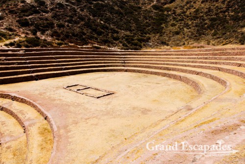 The amphitheater-like terraces of Moray may have served the Incas as a laboratory for agricultural experiments. We heard the theory that every terrace / level simulated a difference in altitude of 300 meters, enabling the Incas to test what grows best at what altitude - Near Cuzco, the Sacred Valley, Peru
