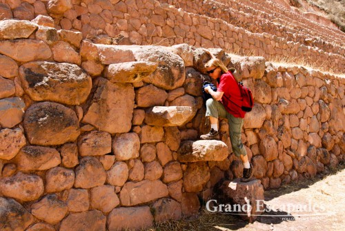 The long, flat stones sticking out from the terrace walls at certain points serve as stairs allowing to climb up and down the different levels - The Terraces of Moray, near Cuzco, the Sacred Valley, Peru