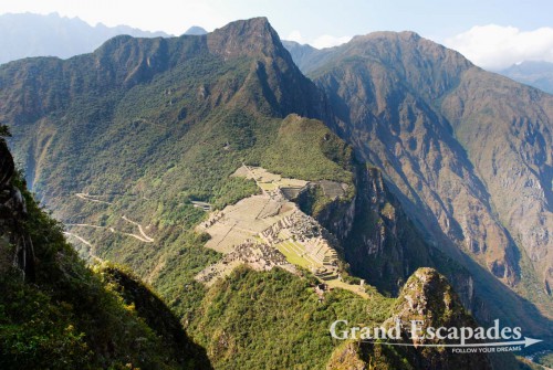 View of the whole of Machu Picchu from Wayna Picchu, the cone shaped mountain behind Machu Picchu, Cuzco, Peru