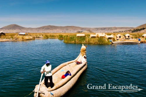 Traditional boat made of reeds, Uros Floating Islands, Lake Titicaca, Peru, South America