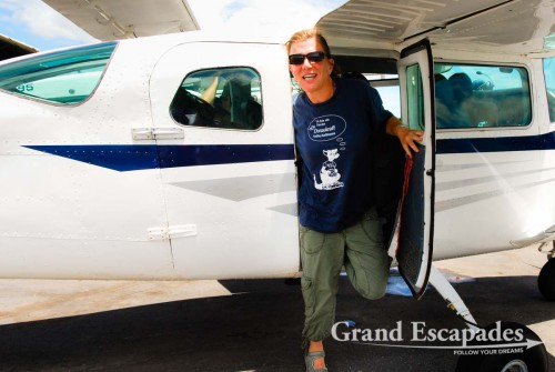 Arriving in Canaima, Venezuela - Heidi is glad to step out of this "flying metal box", as she likes to put it!