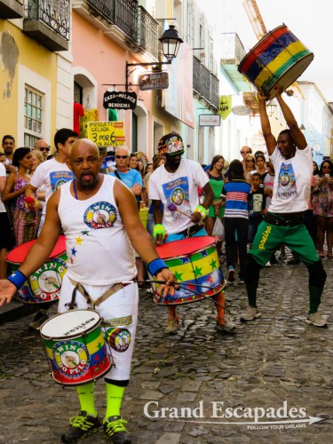 Samba School performing in the streets of teh Pelourinho, Salvador de Bahia, Brazil