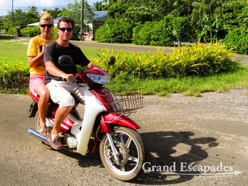 Heidi & Gilles on a rented scooter on Atiu Island, Cook Islands