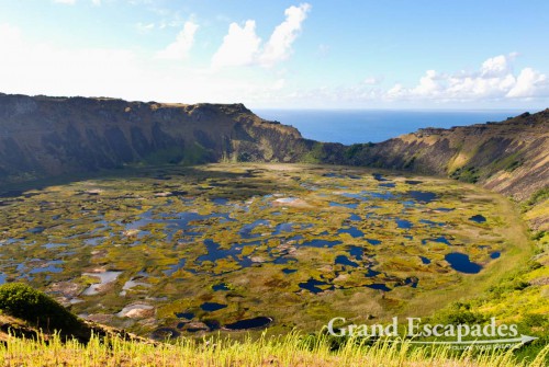 Crater of volcano Ranu Kau, Rapa Nui or Easter Island, Pacific