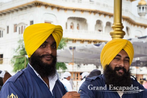 Security at Harmandir Sahib (Punjabi: ਹਰਿਮੰਦਰ ਸਾਹਿਬ) or Darbar Sahib, also referred to as the "Golden Temple", a prominent Sikh Gurdwara or Sikh temple, Amritsar, Punjab, India